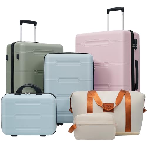 Merax Luggage Set 6 Piece,Lightweight Hardshell Suitcase with Double Spinner Wheels Handle Password Lock,14 IN Cosmetic Case 20/24/28 IN Luggages with Duffel Bag and Toiletry Bag,Pink Green Blue - color: Pink Green Blue, style: 14+20+24+28+bags