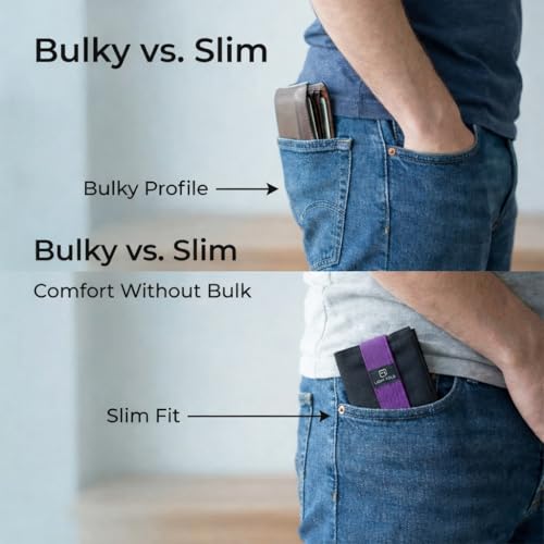 LIGHT FOLD Ultra Slim Tri-Fold Wallet with RFID Blocking, Lightweight Minimalist Men’s Wallet with Elastic Band, Waterproof Durable Nylon Fabric, Slim Front Pocket Card Holder Fits 12 Cards & Cash - color: Purple