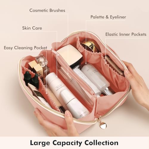 Prite Makeup Bag for Women Travel Waterproof Vegan Leather Cosmetic Bag Open Flat Toiletry Bag With Clear Divider and Handle (Pink, Medium) - color: Pink, size: Medium