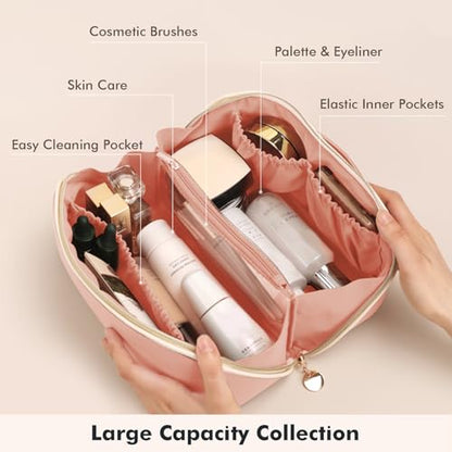 Prite Makeup Bag for Women Travel Waterproof Vegan Leather Cosmetic Bag Open Flat Toiletry Bag With Clear Divider and Handle (Pink, Medium) - color: Pink, size: Medium