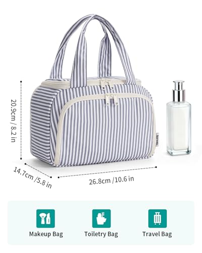 Narwey Striped Travel Toiletry Bag for Women Large Makeup Bag, Wide-open Cosmetic Make Up Organizer with Handle, Travel Bag for Toiletries, Essentials, Accessories (Greyish Blue Stripe) - color: Y-Greyish Blue Stripe
