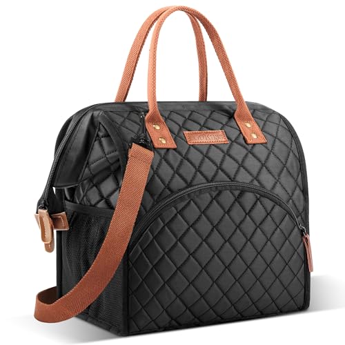 LOKASS Lunch Bag Insulated Lunch Box Wide-Open Lunch Tote Bag with Removable Shoulder Strap for Women/Men Adults Work Picnic Hiking Beach Fishing(Black) - color: Suqare Black-Starps