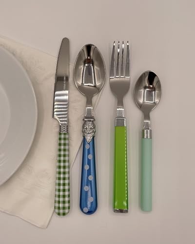 The Original Brink House Eclectic Blue Green Mix & Match Stainless Steel Cutlery Set / 16 pieces with Metal Stand/Lifestyle utensils set for home, first apartment, dorm, dinner parties - color: Eclectic Blue Green