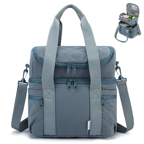 NOL Natural Organic Lifestyle Lunch Bag for Women - Large Double Deck Insulated Lunch Box Leakproof Reusable Lunch Cooler Puffer Lunch Tote Bag with Multiple Pockets for Work Picnic, Dusty blue - color: Dusty blue, size: Large