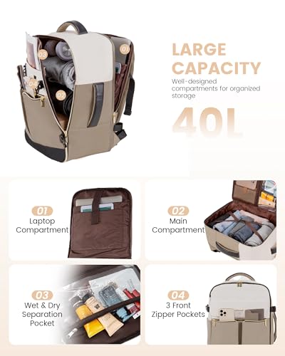 LOVEVOOK Travel Backpack for Women, TSA Carry On Backpack Flight Approved Luggage, 40L Water Resistant Personal Item Daypack Large Weekender Bag fit 17 inch Laptop with 3 Cubes, Beige-khaki-black - color: Beige-khaki-black, size: 40L-17.3 Inch-4Pcs