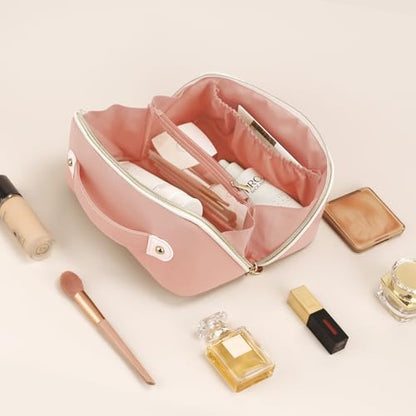 Prite Makeup Bag for Women Travel Waterproof Vegan Leather Cosmetic Bag Open Flat Toiletry Bag With Clear Divider and Handle (Pink, Large) - color: Pink, size: Large