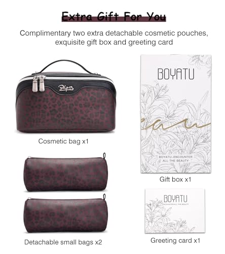 BOYATU Travel Makeup Bag Organizer: 3 Pcs Set Leopard Make up Bag for Women | Vegan Leather Cosmetic Bags with Compartments - Waterproof Toiletry Bag - 180° Open-Flat Make up Case for 3-15 Day Trips - color: 10-Red