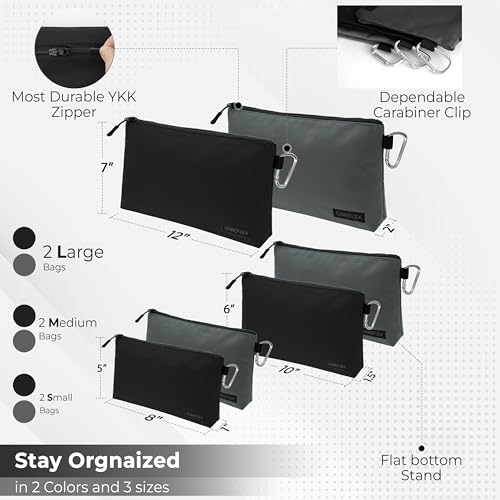 COREFLEX Premium Tool Pouch Zipper Bag, Small Tool Bag, Multipurpose Storage pouch, Heavy duty Flat Bottom Tool bag with YKK Zipper (6 pack Combo mixed size Black &Grey) - size: 6 pack Combo mixed size Black &Grey