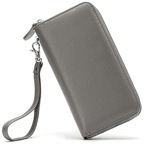 Moflycom Womens Wallet RFID Blocking Genuine Leather Zip Around Wallet Clutch Wristlet Travel Long Purse for Women - color: Grey
