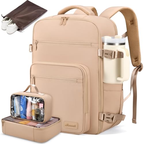 LOVEVOOK Travel Backpack For Women,40L Carry On Backpack Flight Approved,TSA Personal Item Travel Bag Fits 17 Inch Laptop,Business Weekender Overnight Daypack with Toiletry Bag and Cubes - color: Light Khaki, size: 17.3 Inch-40L-4Pcs