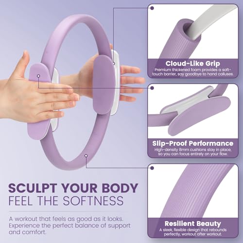 Pilates Kit for Women 13PCS, Pilates Ring and Ball Set with Magic Circle, Resistance Bands Set, Figure 8 Band, Yoga Ring & Grip Socks, Home Workout Equipment Essentials Starter Kit for Beginners - color: Lavender