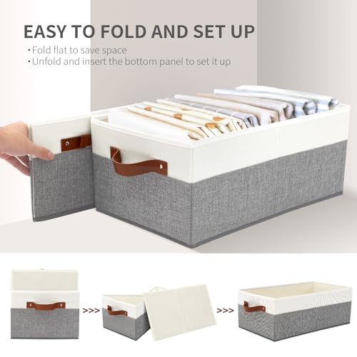 3 Pack Large Capacity Storage Bins Closet Organizer for Shelves, Fabric Closet Storage Baskets Boxes with Leather Handles for Organizing Clothes, Sheets, Jeans, Toys, Books (Grey) - style: 3 Pack Grey & White