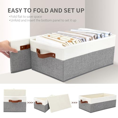 6 Pack Closet Storage Bins, Storage Baskets for Shelves, Linen Closet Organizers and Storage with Leather Handles for Clothes,Towels, Sheets, Jeans, Toys, Books (Grey and White) - style: 6 Pack Grey & White