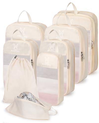 6/8 Sets Compression Packing Cubes for Travel, Bunnychill Portable Zipper Packing Cube for Cloting, Expandable Space Saver Storage Luggage Organizer Bags for Suitcases - color: Beige, size: 6 Pcs(XL,L,M*2,S,laundry bag)