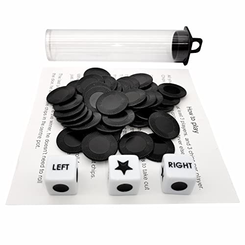 Ahoper Right Left Center Dice Game Prime Set Bundle with 3 Dices + 36 Chips. Round Tube Storage is Very Convenient for Travel. Easy to Store, Carry Around. (Black) - color: Black