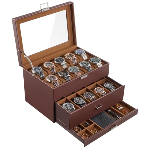 ProCase 20 Slot Watch Box for Men, 3-Layer Watch Display Case with Glass Lid, Watch Holder with Drawer, Jewelry Storage Organizer for Watches Straps Rings, Fathers Day Gift -Brown - color: Brown