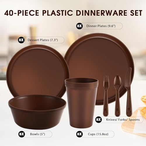 40 Piece Plastic Dinnerware Set for 8 with Cutlery, Unbreakable Plates and Bowls Set, Dishwasher & Microwave Safe Reusable Dish Set for Camping, RV, Outdoor Kitchen, Apartment Dining, Brown - color: Brown