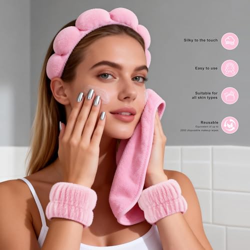 Real Perfection Spa Headband for Washing Face, Skincare Headband Wristband Set for Facial Mask Skin Care, Makeup Remover Towel Cloth Small Spray Bottle with Travel Makeup Bag Gifts for Women - Pink - color: Pink