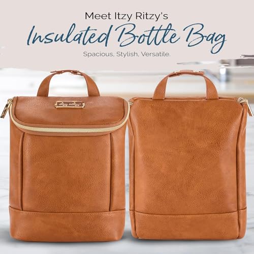 Itzy Ritzy Insulated Bottle Bag – Keeps Bottles Warm or Cool - Holds 3 Bottles & Features Interior Pocket for Ice Pack (Not Included), Cognac - color: Cognac