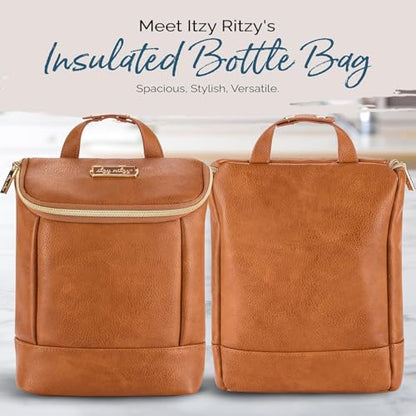 Itzy Ritzy Insulated Bottle Bag – Keeps Bottles Warm or Cool - Holds 3 Bottles & Features Interior Pocket for Ice Pack (Not Included), Cognac - color: Cognac