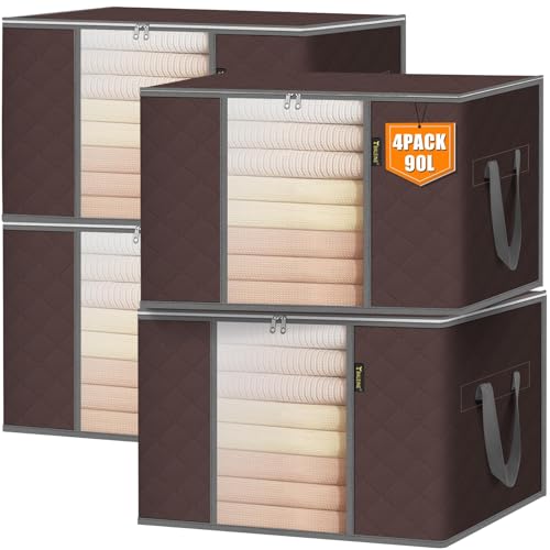 BALEINE 4 Pack Clothes Storage Bags, 24 Gallon Storage Containers with Reinforced Handle, Sturdy Zipper, Closet Organizer for Blanket, Comforter, Pillow, Bedding (Brown, 4 Pack) - color: Brown, size: 4 Pack-24 Gallon