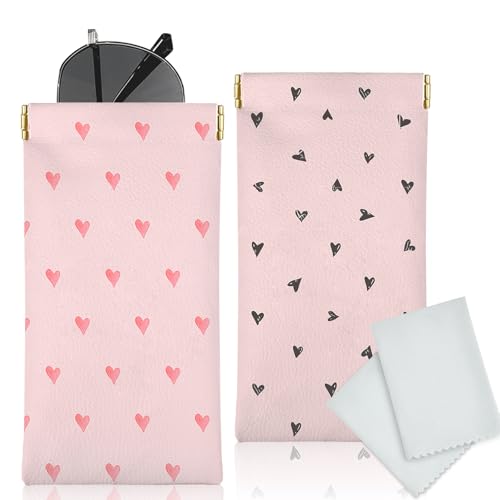 Glasses Case Soft, Eyeglass Cases for Women Portable Squeeze Top PU Leather 2 Pack Glasses Pouch with Cleaning Cloth - color: 2pcs Pink Heart Print