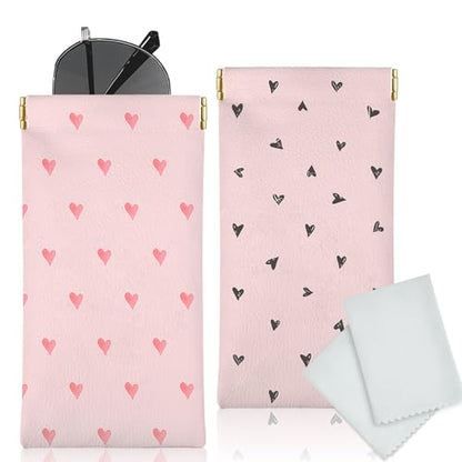 Glasses Case Soft, Eyeglass Cases for Women Portable Squeeze Top PU Leather 2 Pack Glasses Pouch with Cleaning Cloth - color: 2pcs Pink Heart Print