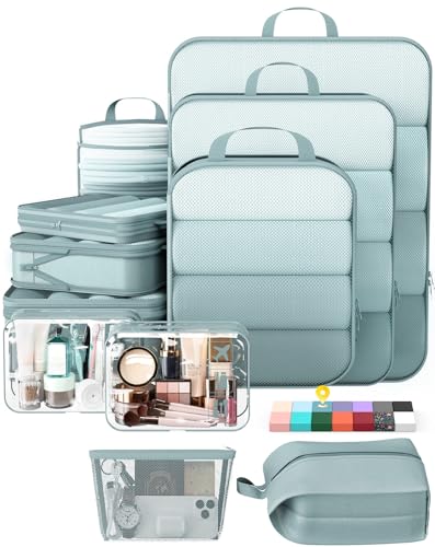 Veken 11-Pack Compression Packing Cubes for Travel Essentials,Compressible Expandable Large Luggage Suitcase Organizer Bags for Clothing,Durable Space Saver Bags with Toiletry Bags(Blue Gray) - color: Blue Gray, size: 11 set