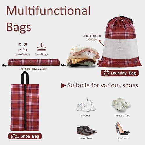 U+U 5 Set Packing Cubes for Travel Essentials Ultralight Luggage Packing Organizers with Laundry Bag and Shoe Bag for Vacation, Business Trip and Camping (Burgundy Checkered) - color: Burgundy Checkered