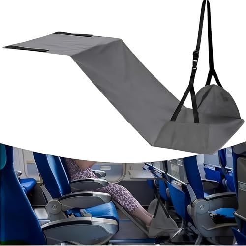 Portable Airplane Foot Hammock, Hardened Plastic Plate at The Bottom, Height Adjustable Feet Rest for Plane Travel, Office, Desk, Bus, Train, Long Trip (Gray)