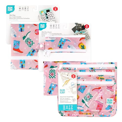 Bumkins - Waterproof Wet Bag, Wet/Dry Clutch & Clear Travel Bags - For Beach, Baby, Travel, Cloth Diapers, Pump Parts, Pool, Gym, Toiletries - Reusable & Easy to Clean - Cowgirl Boots - 5 Pack - color: B3 Cowgirl Boots 5pc