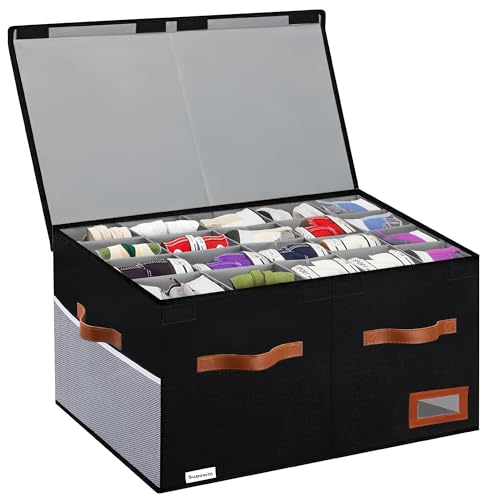 Supowin Shoe Organizer for Closet, Foldable Shoe Storage Bins with Lid & Adjustable Dividers, Fabric Shoe Box Storage Containers with Four Reinforced Handles, Fits 20 Pairs, 1 Pack, Black - color: Black, size: 26"L x 17"W x 13"H