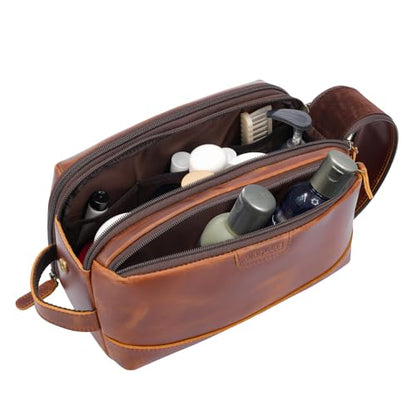 Polare Full Grain Leather Toiletry Bag for Men Large Travel Cosmetic Case Dopp Kit Shaving Kit Wash Pouch with YKK Zippers (Brown) - color: Brown