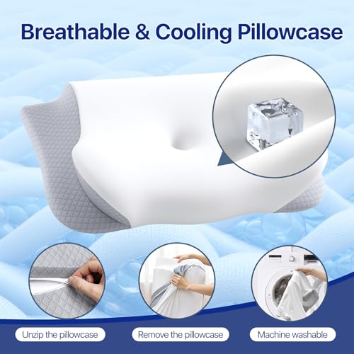 Memory Foam Neck Pillow - Ergonomic Contour Cervical Neck Pillow for Side Back Stomach Sleepers, 2-in-1 Orthopedic Neck Support Pillow with Cooling Pillowcase