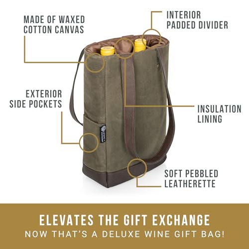 PICNIC TIME 2 and 3 Bottle Insulated Wine Bag, Distressed Waxed Canvas Wine Tote, Durable Bottle Carrier Bag for Gifts and Travel with Side Pockets & Removable Divider (Khaki Green with Brown Accents) - style: 2 Bottle Insulated Wine Bag