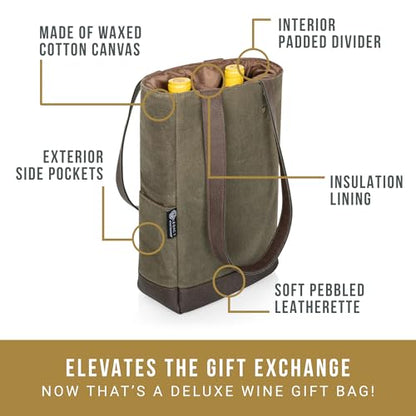 PICNIC TIME 2 and 3 Bottle Insulated Wine Bag, Distressed Waxed Canvas Wine Tote, Durable Bottle Carrier Bag for Gifts and Travel with Side Pockets & Removable Divider (Khaki Green with Brown Accents) - style: 2 Bottle Insulated Wine Bag