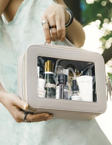 Popvibe Clear Makeup Bag Travel Cosmetic Case Transparent Toiletry Bag with Zipper, Portable Make Up Organizer Traveling Compact Car Bag for Essentials - color: Stone, style: Large Luxe