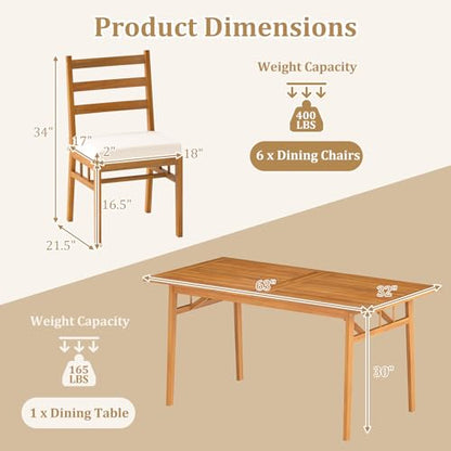 Tangkula 7 Pieces Patio Acacia Wood Dining Set, Outdoor Heavy Duty Rectangular Table with 1.97” Umbrella Hole and 6 Cushioned Chairs, for Deck, Garden and Backyard - size: 7 pieces