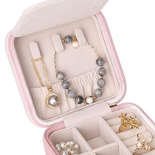 VLANDO Small Travel Jewelry Box Organizer Display Case for Rings Earrings Necklaces Storage, Selected Soft Velvet, Letter J Engraved, Pink - color: b. Powder Pink J
