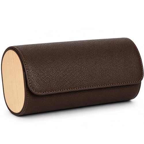 3 Watch Travel Case for Men – PU Leather & Wood Watch Box Organizer, Scratch-Resistant Watch Storage Case, Protective Watch Holder for Travel & Everyday Use (Havana) - color: Havana Brown