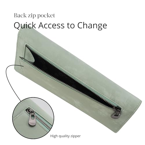 Bveyzi Ultra Slim Thin Leather RFID Blocking Credit Card Holder Bifold Clutch Wallets for Women - color: Sage Green