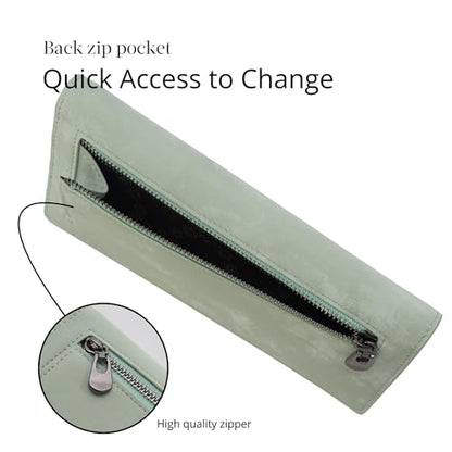 Bveyzi Ultra Slim Thin Leather RFID Blocking Credit Card Holder Bifold Clutch Wallets for Women - color: Sage Green