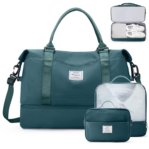 Weekender Bags for Women,Travel Duffle Overnight Bag with Shoe Compartment,Personal Item Carry On Bag,Gym Bag,3 Pcs Set - color: A-Peacock Blue-3Pcs-0022, size: Large