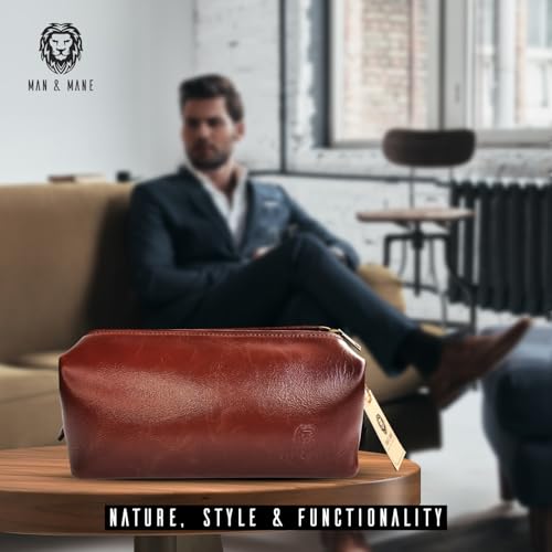 MAN & MANE Premium Leather Toiletry Bag for Men & Women – Classic Dopp Kit Travel Shaving Bag (Cognac Brown)