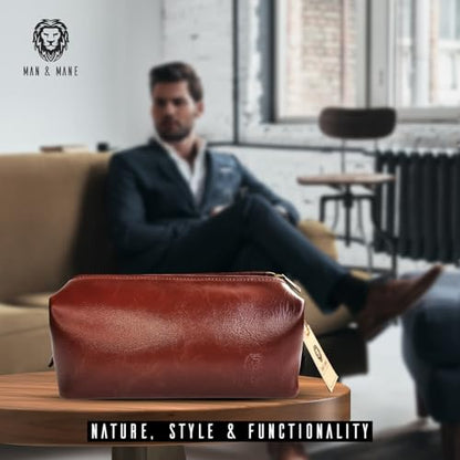 MAN & MANE Premium Leather Toiletry Bag for Men & Women – Classic Dopp Kit Travel Shaving Bag (Cognac Brown)