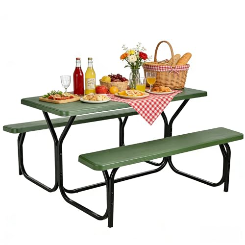 COSTWAY Outdoor Picnic Table, HDPE Plastic Picnic Table Bench Set with Weather Resistant Tabletop & Wood Texture, Ideal for Patio, Backyard (59" D x 54" W x 28.5" H,Green) - color: Green