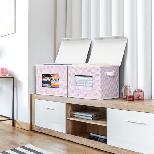 Univivi Fabric Foldable Storage Boxes [4-Pack] Large Collapsible Stackable Storage Bins with Lids, Closet Organizers and Storage Cube Basket for Home, Office, Bedroom (Pink, 17”x 12” x 12”) - color: Pink Polka Dot, size: 17''-4 Pack