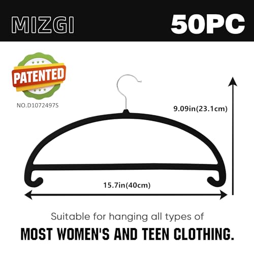 MIZGI 50 Pack Black Velvet Hangers - No Shoulder Bumps, Heavy Duty Non-Slip Chrome Hooks for Jackets, Coats, Pants - color: Black/Upgraded, size: 50 Pack