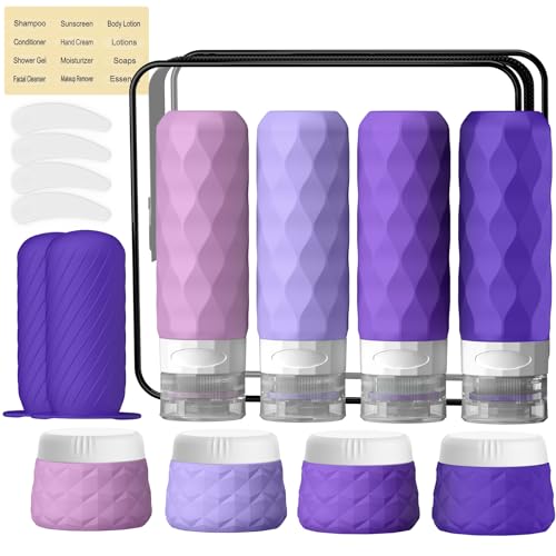 16Pack Travel Bottles for Toiletries, TSA Approved Travel Size Toiletries Containers Set, Silicone Leak Proof Refillable Bottles Elastic Sleeves Creams Jars Accessories Kit W/Clear Bag (Purple) - color: Purple
