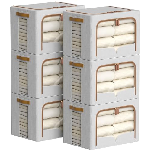 FHSQX 6 Pack Clothes Storage Bins with Metal Frame, Light Grey, 16.5x12.2x12.2 inch - color: Light Grey, size: 16.5x12.2x12.2 inch